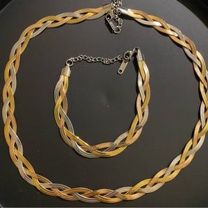 Tri tone braided minimalist necklace and bracelet - 18k gold plated